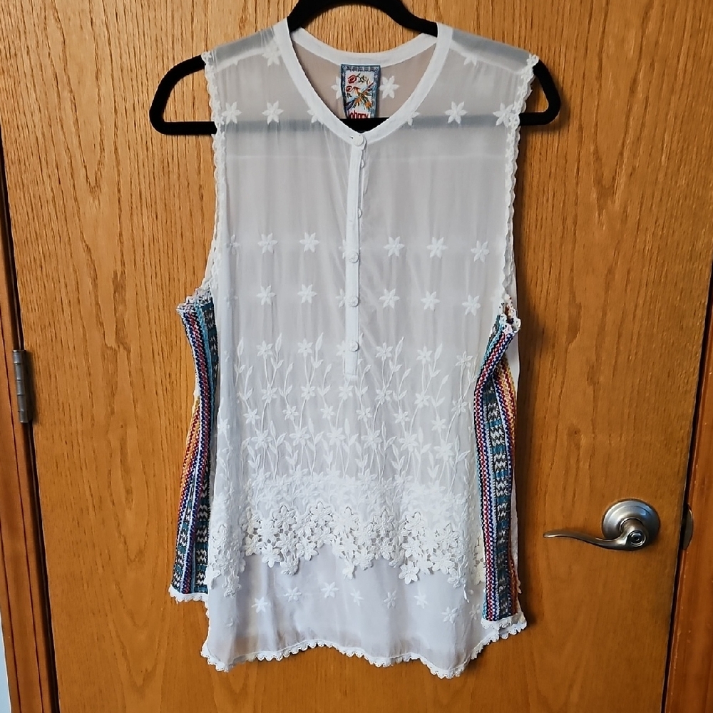 Johnny Was White Embroidered Blouse with Colorful Accents